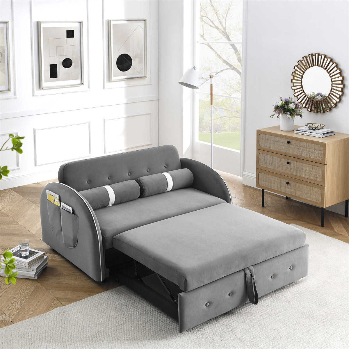 Pull Out Sleep Sofa Bed, Modern Loveseats Sofa Couch with 2 Side Pockets & 2 Lumbar Pillows, 55.5"W Velvet Upholstered 2-Seat Sofa Couch with Adjustable Backrest for Apartment Living Room, Grey