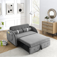 Pull Out Sleep Sofa Bed, Modern Loveseats Sofa Couch with 2 Side Pockets & 2 Lumbar Pillows, 55.5"W Velvet Upholstered 2-Seat Sofa Couch with Adjustable Backrest for Apartment Living Room, Grey