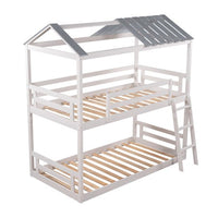 Convertible Twin-Over-Twin House Bunk Bed with Roof, Can Be Separate into 2 Beds with Convertible Ladder and Guardrail, Solid Wood Low Bunk Bed for Boys Girls, White