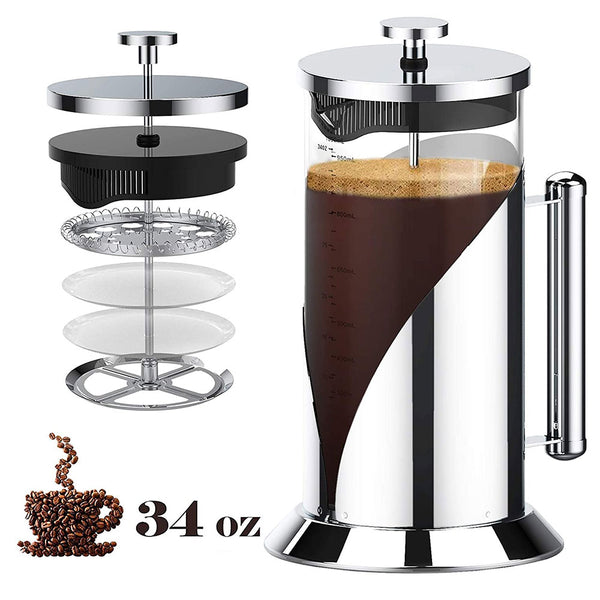 CrossCreek French Press Coffee Maker, 304 Stainless Steel Coffee Press 34oz (4 Cups) Tea Maker with 60g Coffee Canister, Double Wall French Presses