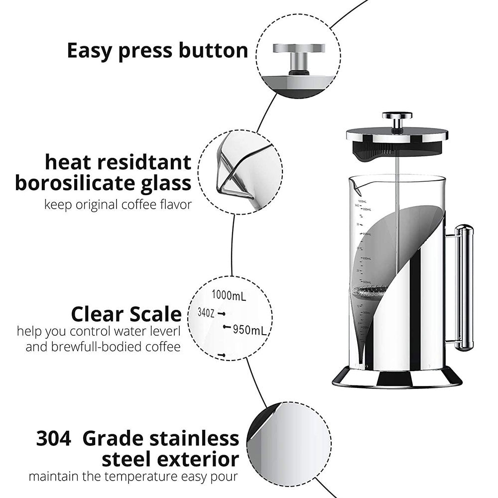 Secura French Press Coffee Maker, 304 Grade Stainless Steel 34 Oz new