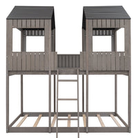 Full Over Full House Bunk Bed with Roof, Wood House Bunk Bed with Window, Safety Guardrail, Ladder for Kids Teens Girls Boys, No Box Spring Needed, Antique Gray 78.7"L x 56.2"W x 85.5"H