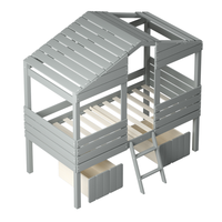 Twin Size House Bed with Two Storage Drawers, Pinewood Low Loft Bed with Guardrails and Short Ladder, Playhouse Bed Frame with Windows and Roof for Boys Girls Kids, Gray
