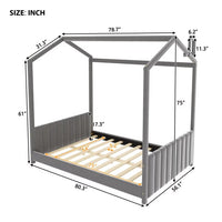 Full Size Velvet Upholstered Bed Frame, Modern House Bed Floor Bed with Roof and Tufted Headboard, Full Platform Bed Frame with Slats Support for Boys Girls, No Box Spring Needed, Gray