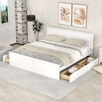 Queen Size Platform Bed Solid Wood Platform Bed with Four Storage Drawers and Support Legs, No Need Spring Box, White