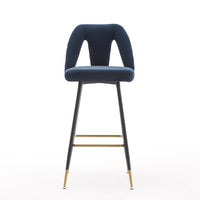 Contemporary Upholstered Barstool, Set of 2, Contemporary Velvet Bar Stools, 28" Connor Counter Stools with Nailheads and Gold Tipped Black Metal Legs, for Living Room, Dinning Room, Blue