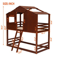 Wooden House Shaped Bunk Bed, Twin Over Twin Bunk Bed for Kids, Toddler, Girls and Boys, Playhouse Low Bunkbed Solid Wood Frame with Roof, Ladder and Window, No Box Spring Needed, Walnut