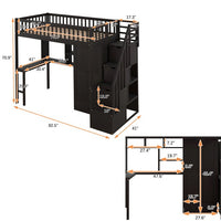 Twin Size Loft Bed, Wooden Loft Bed Frame with Bookshelf and Drawers for Kids Teens, Multifunctional Storage Bed Frame with Built-in Desk and Wardrobe for Bedroom Dorm, Space-Saving Design, Espresso