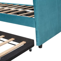 Twin Size Daybed Frame with Trundle Bed, Velvet Upholstered Dual-use Sofa Bed Frame with Slats Support, Wooden Living Room Bedroom Bed Frame for Teens Adults, No Box Spring Needed, Blue