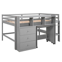 Low Loft Bed, Full Size Loft Bed with Rolling Portable Desk, Wooden Loft Bed with Storage Drawers and Shelves, Multifunctional Bed Frame for Kids Teens Boys Girls, Space Saving Loft Bed, Gray