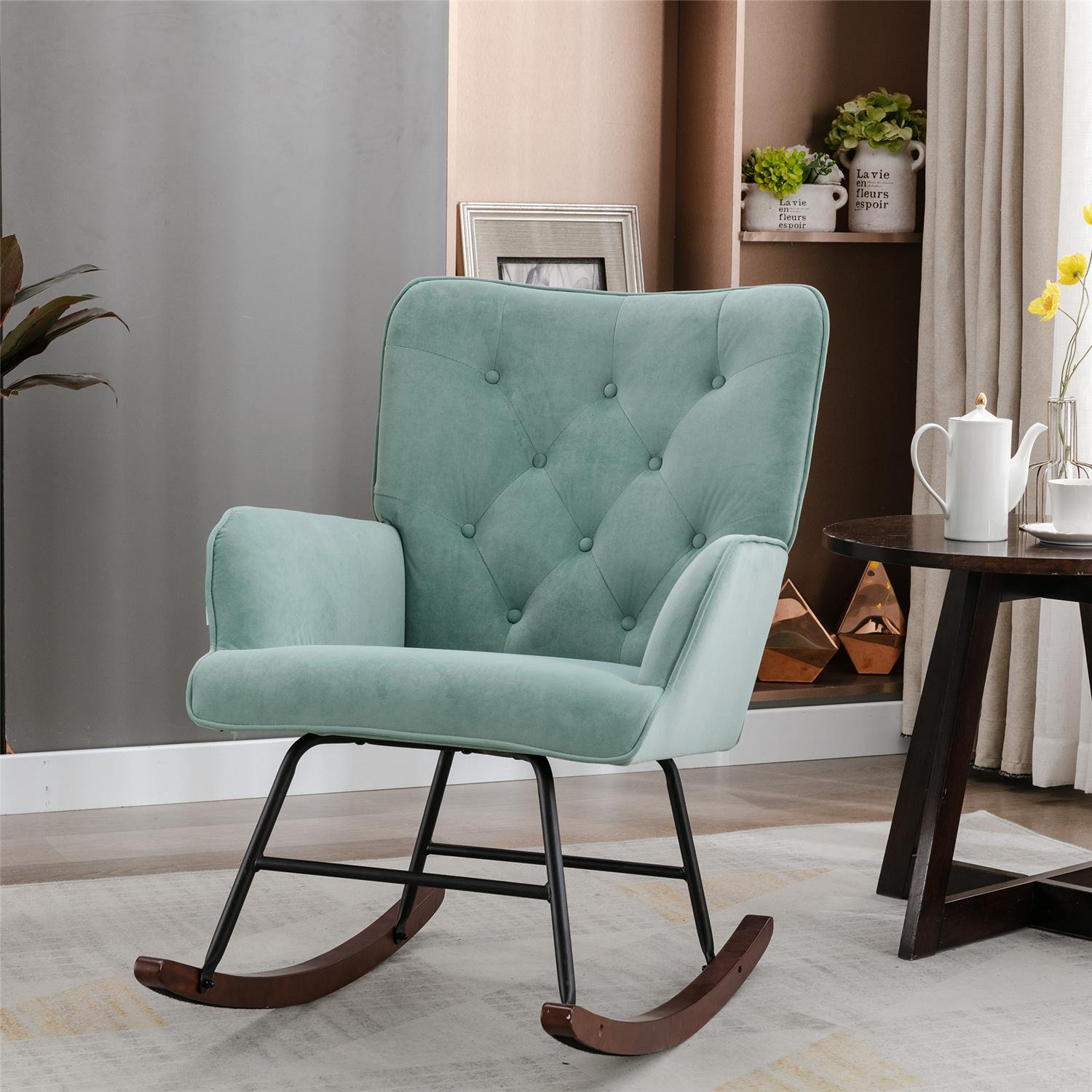 Living Room Patio Rocking Chair, Modern Rocker Chair Nursery Armchair Accent Chair with Solid Wood Legs, Upholstered Nap Chair for Bedroom Studios Small Space, Mint Green