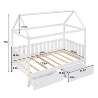 Twin House Bed for Kids, House Bed with 2 Storage Drawers and Fence-Shaped Guardrail, Pine Wood Bed Frame with 8 Wood Slats Support for Boys Girls Teens, No Box Spring Needed, White