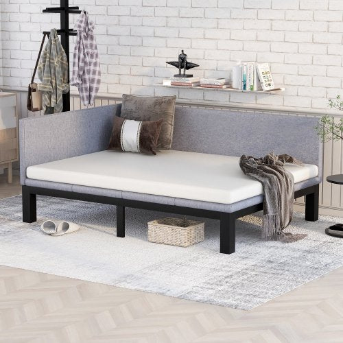 Twin Daybed, Twin Size Upholstered Daybed, Mid Century Linen Fabric Sofa Bed with a Backrest and Armrests, Wood Daybed Frame with Cushion for Living Room Bedroom