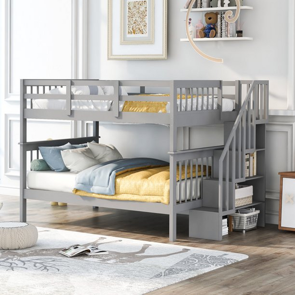 Detachable Bunk Bed with Storage Stairs and Guardrail, Full Over Full Solid Wood Bunk Bed Frame for Bedroom Dorm, Can Be Separated into 2 Platform Bed, Gray