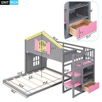 Twin over Full House Bunk Bed Frame, with Pink Staircase and Drawer, Shelves Under the Staircase, House Shaped Bed with Windows, for Girls and Boys