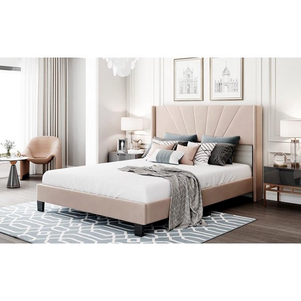 Queen Size Velvet Upholstered Platform Bed frame with headboard, Box Spring Needed, Easy to Assemble， Beige