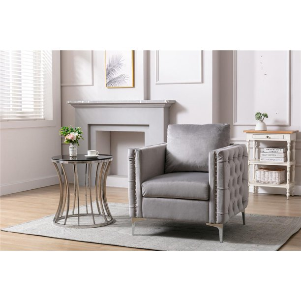 Modern Velvet Accent Chair, Tufted Button Armchair, Comfy Club Chair, Single Sofa Chair with Steel Legs for Living Room Bedroom, Grey 28.3''D x 29''W x 34.6''H