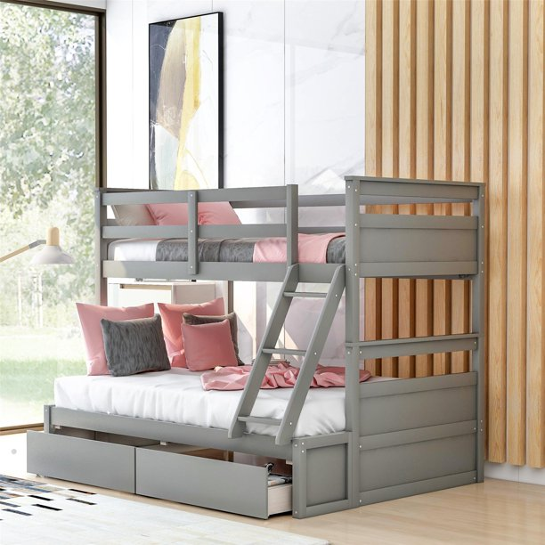 Detachable Twin Over Full Bunk Bed for Kids with 2 Storage Drawers, Premium Pine Wood Bunk Bed Frame with Ladder and Guardrails for Toddlers, Teens Bedroom, Guest Room, No Box Spring Needed, Gray