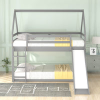 Twin Size Floor Bunk House Bed, House Shaped Bunk Beds with Slide,Roofs and Ladder, Wood Twin Size House Bunk Bed for Toddlers, Kids,Teens, Girls and Boys (Gray)