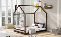 JINS&VICO Full Size House Bed Wood Bed With Roof And Chimney for Kids Bedroom, Espresso
