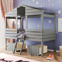 Twin Size House Bed with Two Storage Drawers, Pinewood Low Loft Bed with Guardrails and Short Ladder, Playhouse Bed Frame with Windows and Roof for Boys Girls Kids, Gray