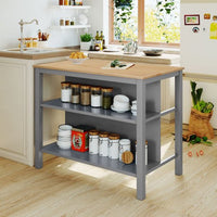 Solid Wood Kitchen Island Set,3-piece 45" Stationary Kitchen Island with 2 Dining Stools, Rubber Wood Butcher Block Dining Table Set ,table+2 seatings Prep Table Set with 2 Open Shelves