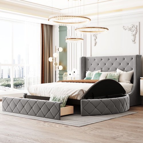 Queen Size Storage Velvet Bed Frame, Upholstered Platform Bed with Wingback Headboard and 1 Big Drawer,2 Side Storage Stool, No Box Spring Required