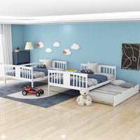 Full over Full Bunk Bed with Twin Size Trundle and Ladder, Convertible Bunk Bed with Safety High Guardrails for Kids Teens Adults, White