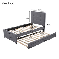 Upholstered Twin Size Linen Platform Bed with Headboard and Pull out Trundle, Bedroom Bedframe with Solid Wood Slats & Center Legs,For Kids Teens Adults,No Box Spring Required