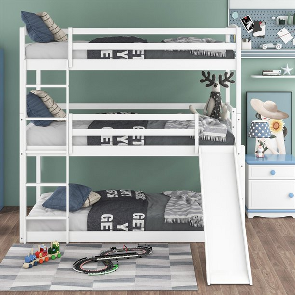 Twin over Twin over Twin Adjustable Triple Bunk Bed with Ladder and Slide, Solid Wood Triple Bunk Beds for Kids Teens Adults, No Box Spring Needed, White