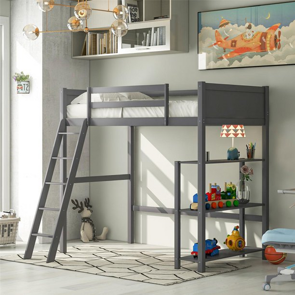 Kids Twin Loft Bed with Storage Shelves, Pine Wood Loft Bed with Ladder and Full-Length Guardrails for Boys Girls Teens Kids Adults, Small Spaces,No Box Spring Needed, Gray, 80.4 x 62.6 x 72 Inches