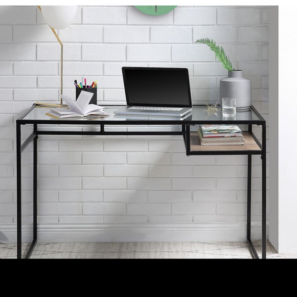Laptop Table with Metal Frame and Glass Table Top, Writing Gaming Gamer Command Center Desk Home Office Desk, Black