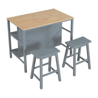Solid Wood Kitchen Island Set,3-piece 45" Stationary Kitchen Island with 2 Dining Stools, Rubber Wood Butcher Block Dining Table Set ,table+2 seatings Prep Table Set with 2 Open Shelves