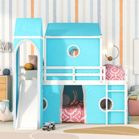Playhouse Loft Bed,Full Size House Bunk Bed with Slide,Blue Tent and Tower,Solid Wood Bunk Bed Frame with Roof Design and Fence Shaped Guardrails,Castle-Shaped Bunk Bed for Kids Boys Girls,Blue
