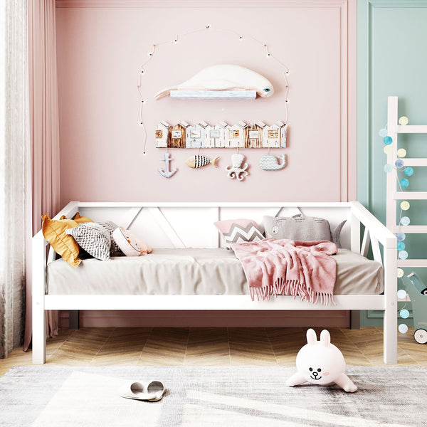 JINS&VICO Twin Size Daybed with Under Bed Storage, Wood Twin Bed Frame with Slat Support for Kids Teens Adults, Dual-use Sofa Bed for Bedroom Living Room, No Box Spring Required, White