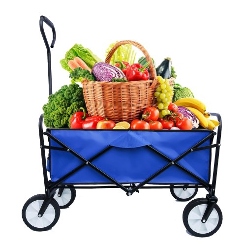 Collapsible Outdoor Utility Wagon Cart with Cup Holdler, Large Capacity Folding Wagon Garden Shopping Beach Cart ,Heavy Duty Foldable Cart, for Outdoor Activities, Beaches, Parks, Camping (Blue)