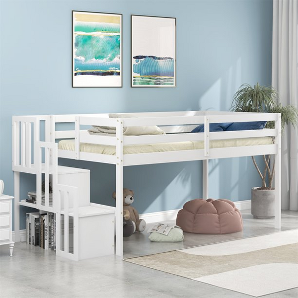 Multifunctional Low Loft Bed Frame with Storage, Solid Wood Twin Loft Bed Frame with 2-Step Staircase, Storage Shelves and Full-length Safety Guardrails for Kids, No Box Spring Needed, White