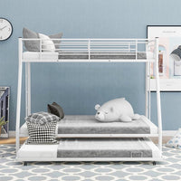 Twin Over Full Bunk Bed with Twin Size Trundle, Metal Bunk Bed Frame with 2 Built-in Ladder and Safety Guardrail for Kids Teens, White