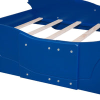 Full Size Race Car-Shaped Platform Bed for Kids, Solid Wood Bed Frame with Safety Rails and Wheels, Modern Low Bed with Sturdy Slats Support for Boys and Girls, No Box Spring Needed, Blue