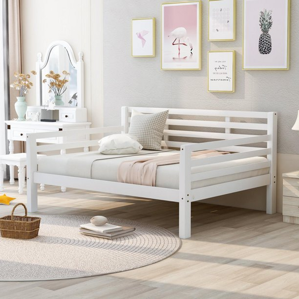 Full Size Daybed for Kids Teens Adult, Multi-Functional Wooden Platform Bed with Backboard, No Box Spring Needed, Slats Support, White 75x54.1x38.1 inch