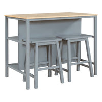 Solid Wood Kitchen Island Set,3-piece 45" Stationary Kitchen Island with 2 Dining Stools, Rubber Wood Butcher Block Dining Table Set ,table+2 seatings Prep Table Set with 2 Open Shelves