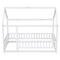 Twin Size Floor Bed with Fence Guardrails for Kids, Solid Wood House Bed Frame with Roof for Boys and Girls Bedroom, Playhouse Design, No Slats Included, No Box Spring Needed, White
