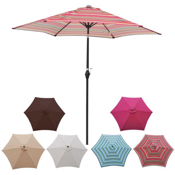 9ft Patio Beach Umbrella Outdoor Table Market Umbrella with Push Button Tilt/Crank, 6 Ribs, Red Stripes