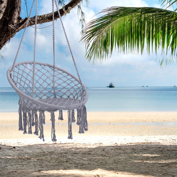 Hammock Chair Nordic Stylish Cotton Rope Macrame Swing Handmade Knitted for Indoor and Outdoor Use Children Adult Portable Swing Hanging Max 330 Lbs 31.5"x23.6"x47.2" Gray