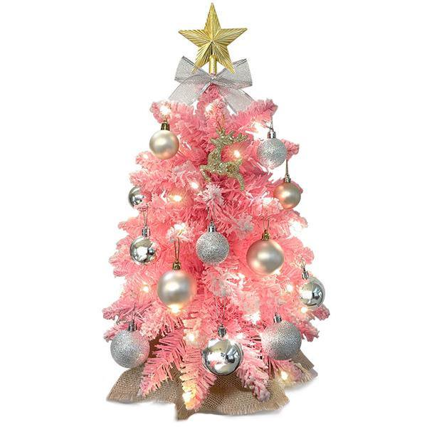 Exquisite Christmas Tree with Lights, 2ft Small Tabletop Mini Pink Artificial Tree with Christmas Ornaments