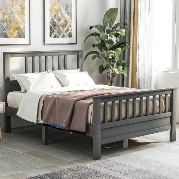 Full Size Wood Bed, Platform Bed with Headboard Footboard and Wooden Slat Support for Adults Teens, No Box Spring Needed, Gray