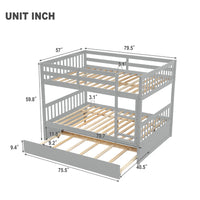 Full Over Full Bunk Bed with Trundle, Sweden Pine Wood Bunk Beds with Guard Rail and Ladder, Pull-out Combination Bed with Casters, Convertible to Separate 2 Beds for Kids Adults, Gray