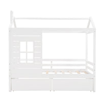 Triple Tree Kids House Bed with Drawers, Wood Twin Size Daybed Frame with Storage, Guardrail, Window, Roof, Guardrail for Girls, Boys (White)