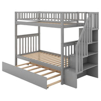 Modern Twin Over Twin Wood Bunk Bed with Trundle and Storage, Solid Hardwood Twin Bunk Bed Frame with Ladder and Stairs for Kids Adults, Saving Space, Gray