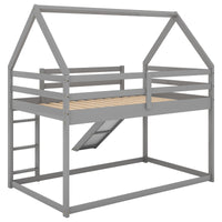 Twin Size Floor Bunk House Bed, House Shaped Bunk Beds with Slide,Roofs and Ladder, Wood Twin Size House Bunk Bed for Toddlers, Kids,Teens, Girls and Boys (Gray)